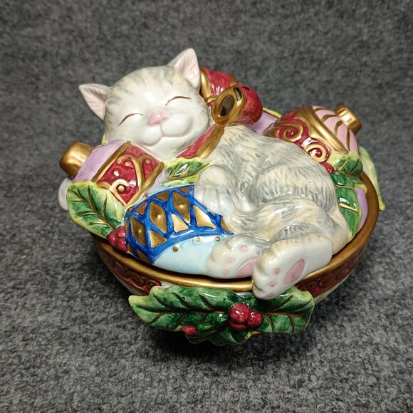 Fitz And Floyd Christmas Cat Trinket Box Porcelain Holiday Kitten Lid Candy Dish - Picture 1 of 11